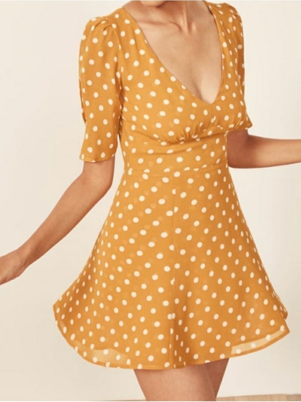 Reformation Mustard Yellow Polka Dot Mini Dress